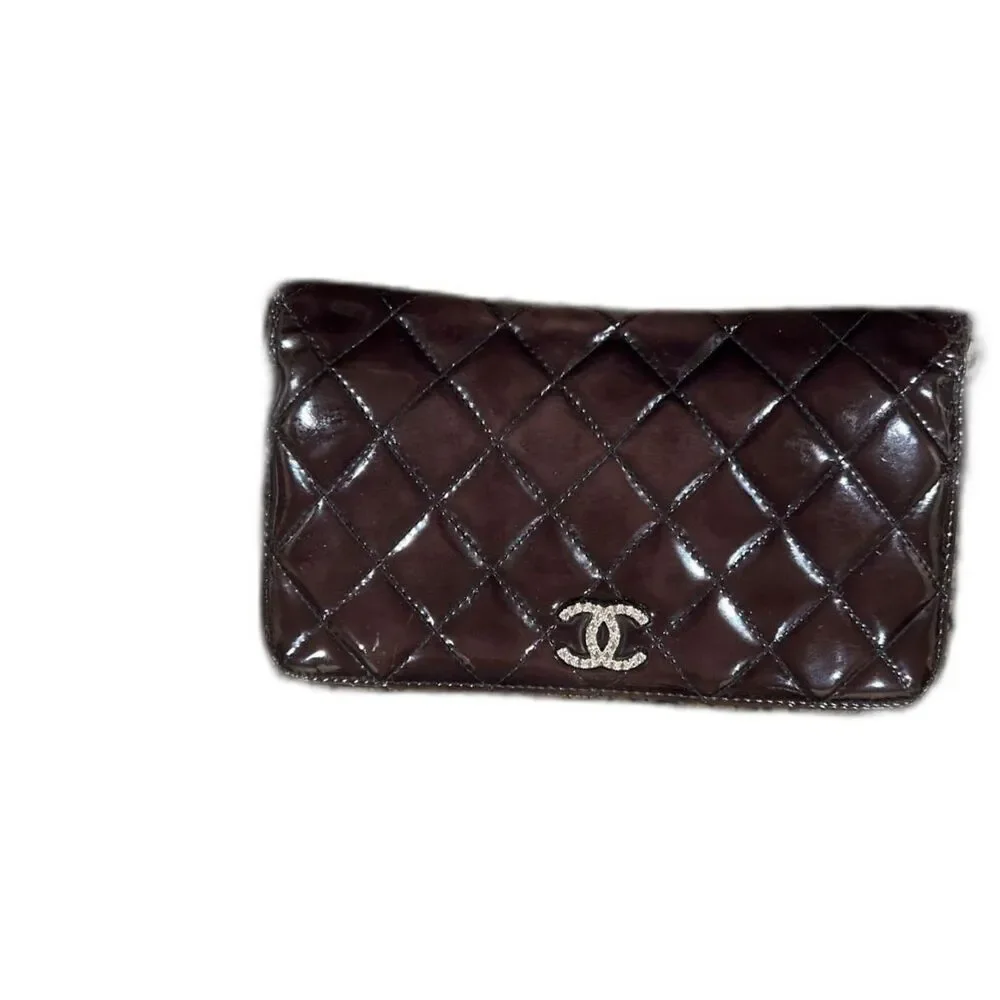 Chanel Deep Burgundy Quilted Patent Leather CC Zip Around Wallet Organizer